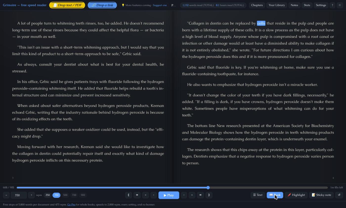Grimoire's two-page book view, showing a document laid out as facing pages.